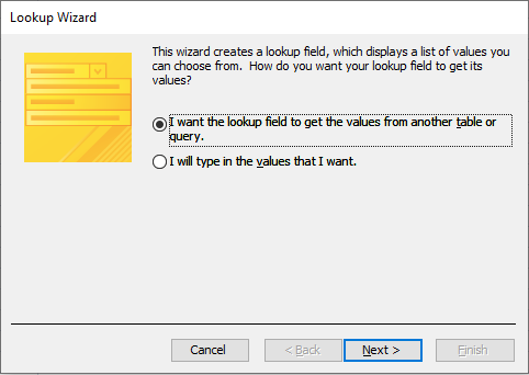 Microsoft Access lookup wizard.