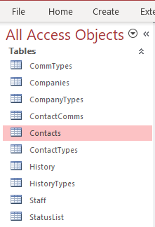 The Access Objects pane window.