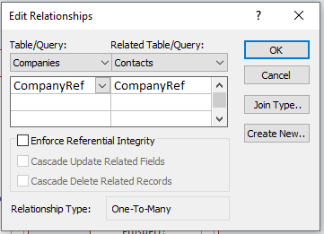 Microsoft Access: Details of a relationship in Relationship view.